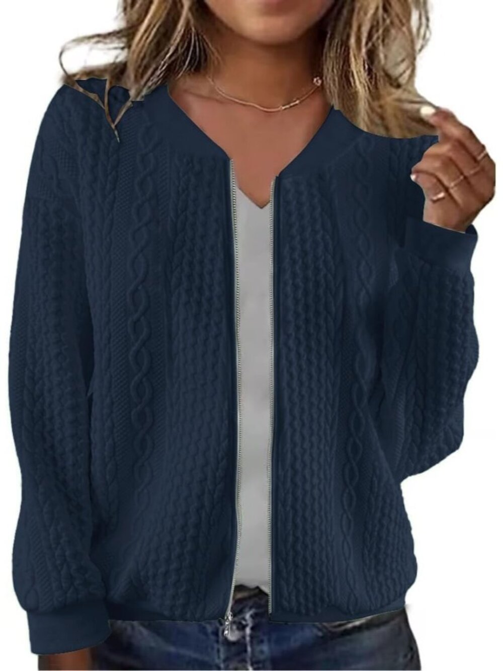〽️Women Navy Blue Zip Up Sweatshirt Stand Collar Casual Pocket Fall Fashion Coat